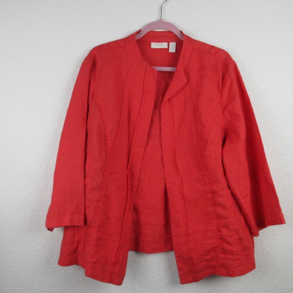 Chico's Jacket Size 3 (US XL) Open Front 100% Linen 3/4 Sleeve Princess Seams
